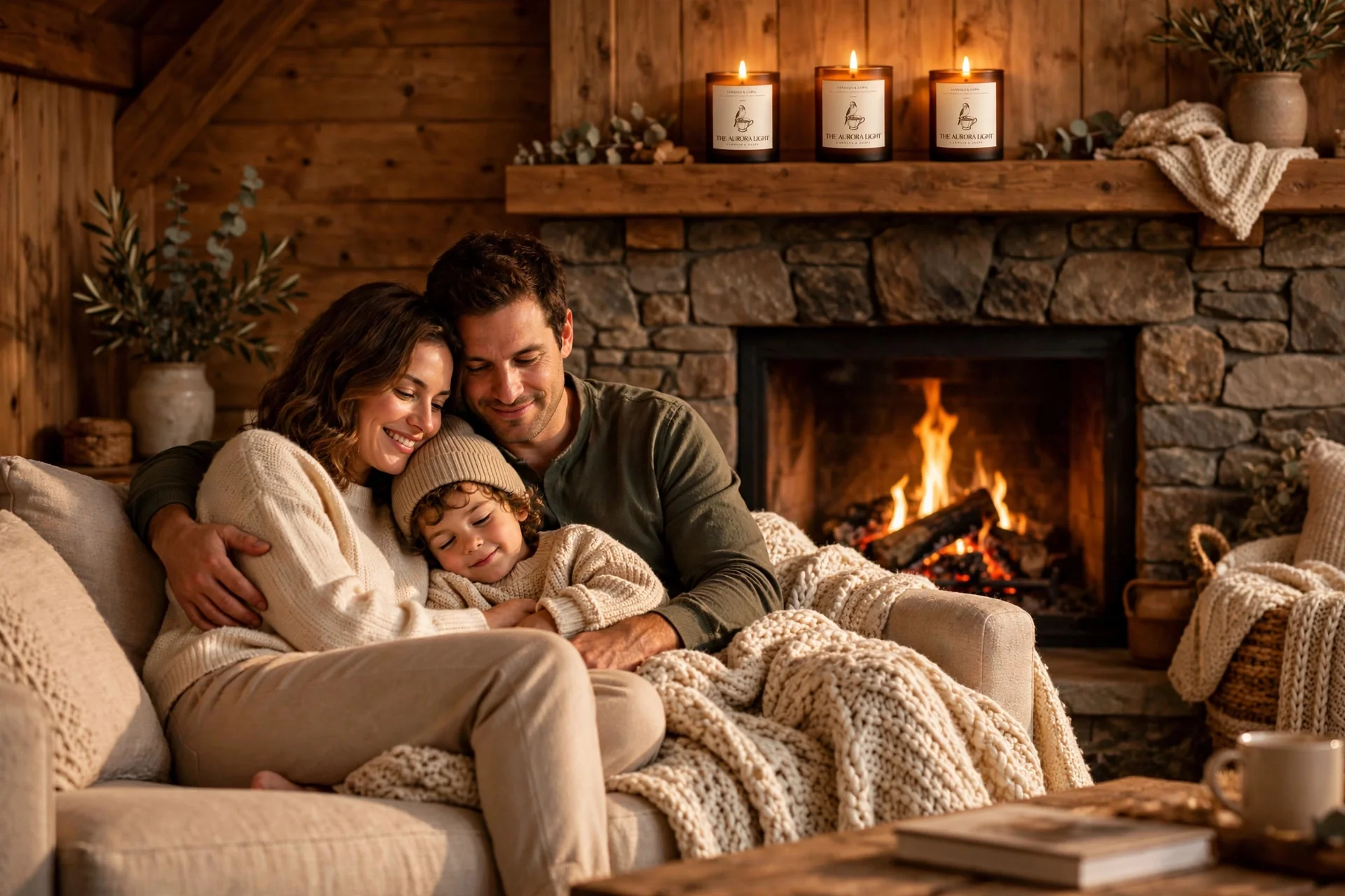 Family by the fireplace with Sándalo & Copal candles