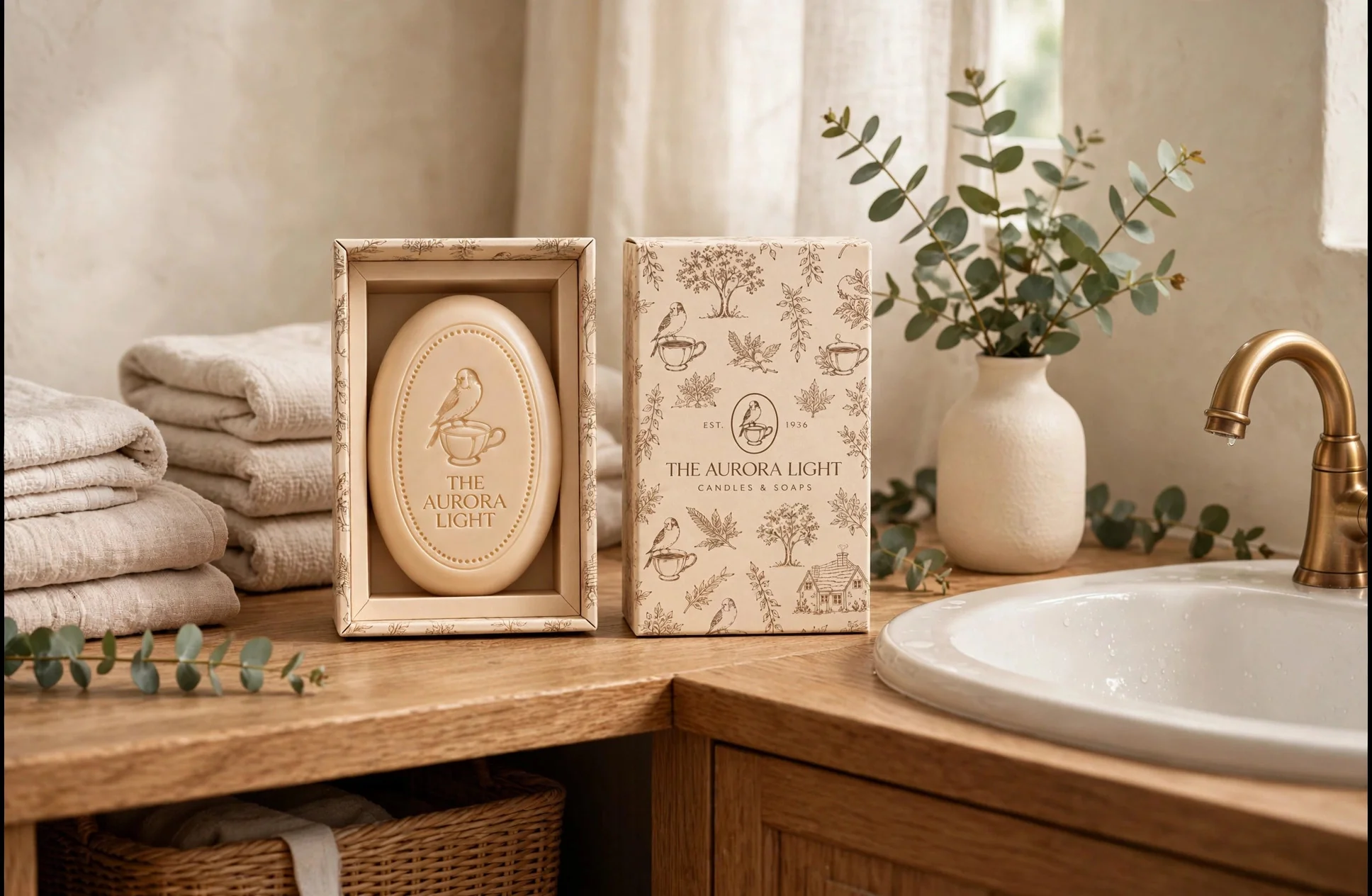 The Aurora Light artisan soaps in a warm bathroom