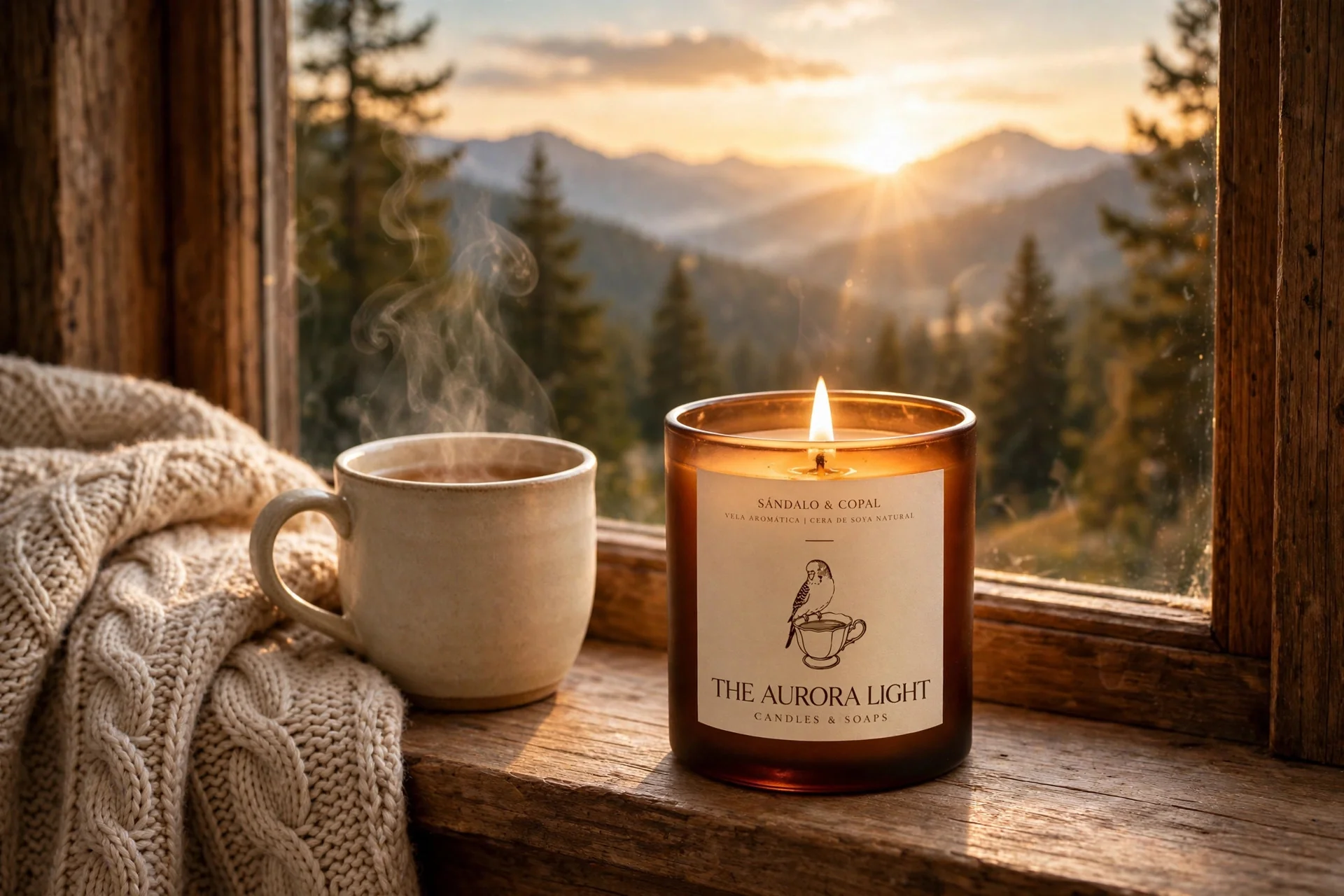 Sándalo & Copal candle glowing on a windowsill at golden hour